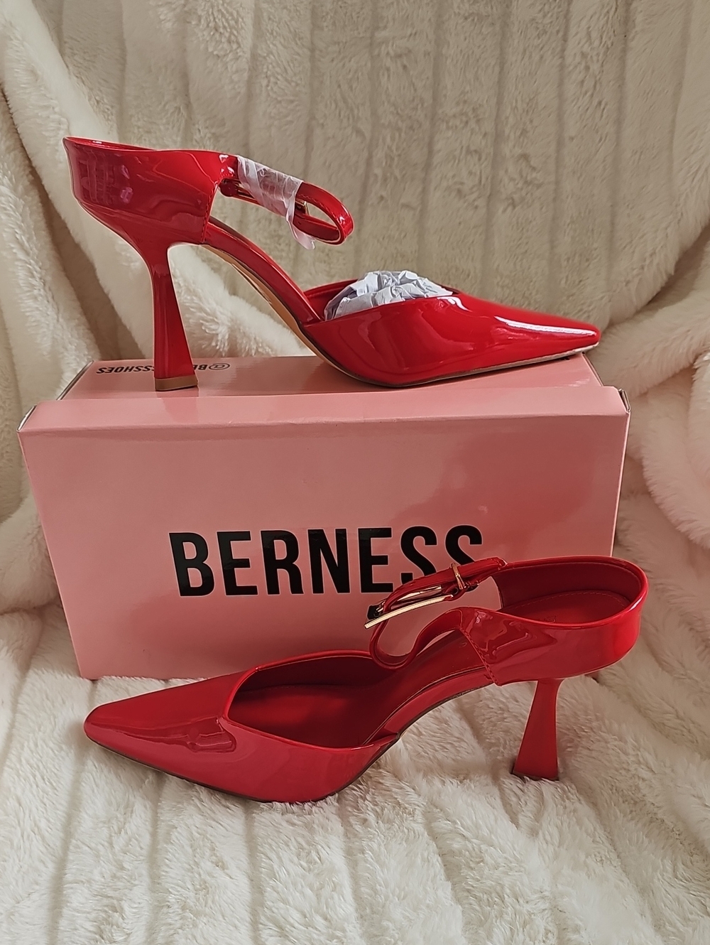 BERNESS Red Patent Pointed-Toe Slingback Heels with Buckle Strap